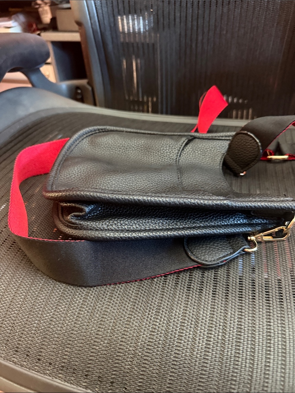 Black Pebbled Crossbody Bag with Red Webbed Strap faux super soft leather - Picture 5 of 5